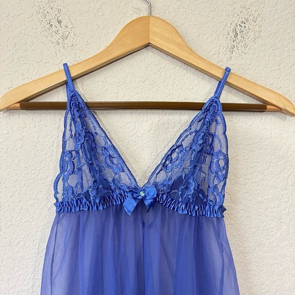 VINTAGE FREDERICKS OF HOLLYWOOD Lace See-Through Babydoll Chemise Slip Blue - Picture 2 of 10